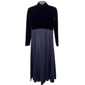 Isabella Bird Navy Silk Velvet Bodice Dress Pullover Long Midi Mock Neck Sz 6P